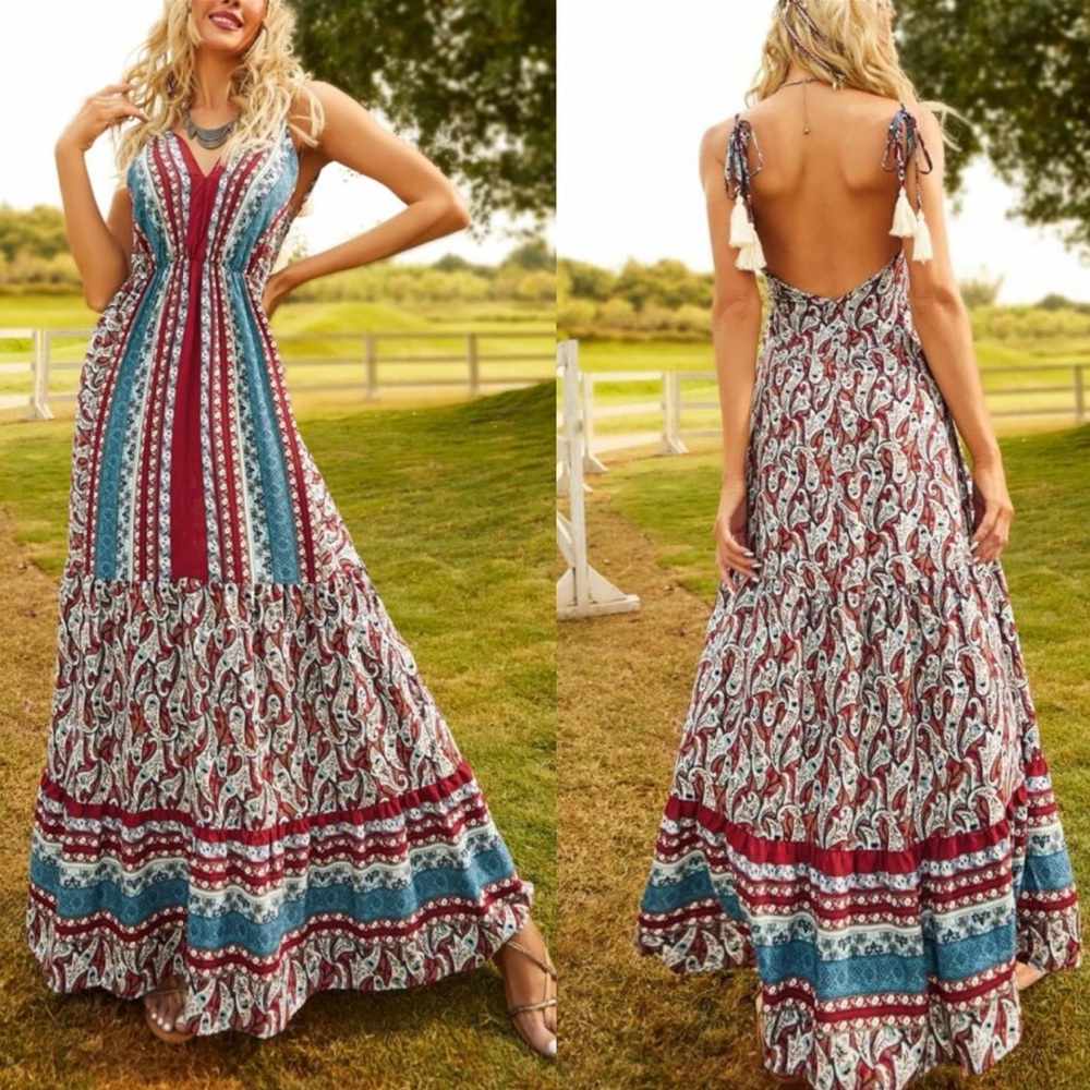 Boho floral print ruffle hem open back cami dress